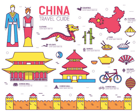 Country China travel vacation guide of goods, places in thin lines style design. Set of architecture, fashion, people, nature background concept. Infographic template for web and mobile on vector flatのイラスト素材