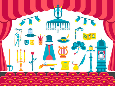 Collection of theater icons items design. Performance Interior with any elements set. Entertainment drama, tragedy or comedy illustrations vector background. Show image on flat style conceptのイラスト素材