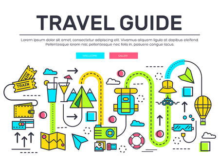 Travel infographic icons items design. Vacation rest with any elements set. Tour, trip, journey outline illustrations vector background. Tourist image on thin line style conceptのイラスト素材
