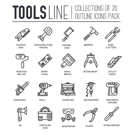 Collection of working tools icons items design. Construction instruments with any elements set. Diy, building, work outline illustrations vector background. Process image on thin line style conceptのイラスト素材