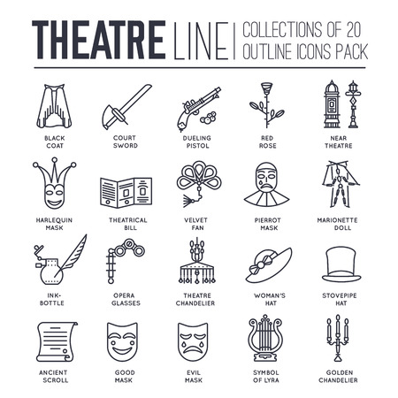 Collection of theater icons items design. Performance Interior with any elements set. Entertainment drama, tragedy or comedy illustrations vector backgroundのイラスト素材