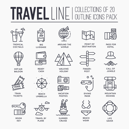 Travel infographic icons items design. Vacation rest with any elements set. Tour, trip, journey outline illustrations vector background. Tourist image on thin line style conceptのイラスト素材