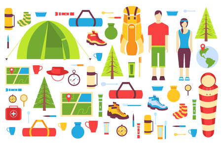 Camping trip cards set. Hiking template of flyear, magazines, posters, book cover, banners. Trave tourl infographic concept background. Layout illustrations template pages with typography textのイラスト素材