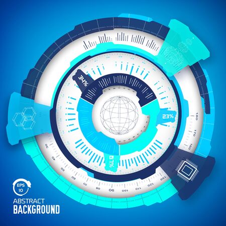 Technical virtual technology industrial infographic concept. Vector design background. Techno blue interface illustration. Digital colorful hi-tech science display. Industrial media information circleのイラスト素材