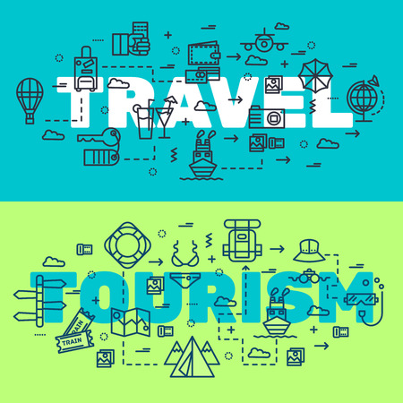 Travel infographic icons items design. Vacation rest with any elements set. Tour, trip, journey outline illustrations vector background. Tourist image on thin line style conceptのイラスト素材