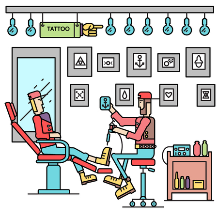 The artist offers the option of a tattoo for client concept. Vector tattoo shop with people background. Flat retro style with typography text design concept illustration. Flat thin linesのイラスト素材