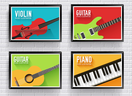 Colorful classical musical instruments background. Music instruments flat design conceptのイラスト素材