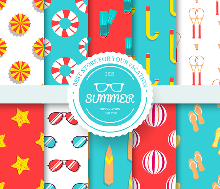 collection set of summer vacation seamless pattern. Beach umbrella, lifebuoy, diving, equipment, towel, ocean with label logo concept. Vector abstract template for greeting card or invitation designのイラスト素材