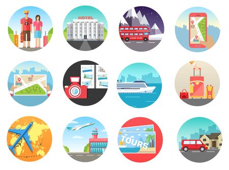 Set of travel vacation tour trip on the water, on land, in the air. Travel background. Travel icons. Travel illustrations. Fast travel design. Travel tour infographic. Flat travel. World travelのイラスト素材