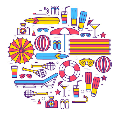 Summer vacation circle concept in thin lines style design. Beach umbrella, lifebuoy, diving, equipment, towel, ocean, supplies, landscape.のイラスト素材