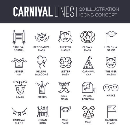 Celebration festival holiday party equipment thin lines icons set. Vector masquerade carnival collection design illustrations conceptのイラスト素材