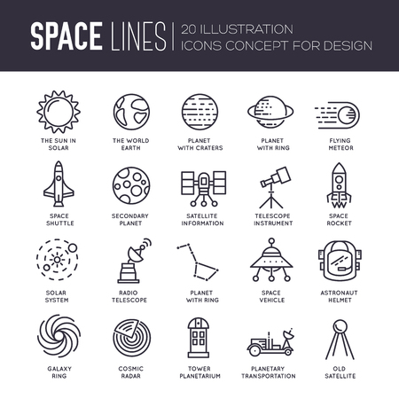 Vector thin lines icons stars in galaxy design concept. Set of huge space infographic universe illustration. Outer space rocket flying up into the solar system with a lot of planets background.のイラスト素材