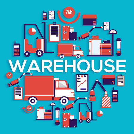 Warehouse staff puts cargoes, box, package and parcels circle concept. Business delivery service vector illustration design concept. Flat quality logistics icons backgroundのイラスト素材