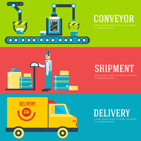 Warehouse staff puts cargoes, box, package and parcels banners. Flat business delivery service vector illustration design concept. Flat quality logistics icons backgroundのイラスト素材
