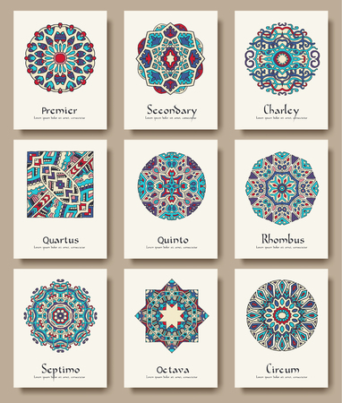 Set of traditional flyer pages ornament set illustration concept. Vintage art traditional, Islam, arabic, indian, ottoman motifs, elements. Vector decorative retro greeting card or invitation designのイラスト素材