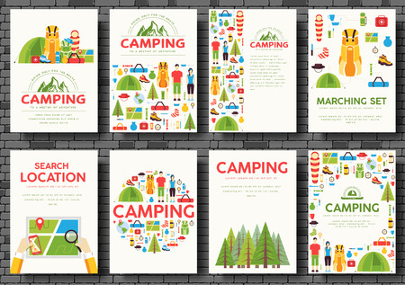 Camping trip cards set. Hiking template of flyear, magazines, posters, book cover, banners. Trave tourl infographic concept background. Layout illustrations template pages with typographyのイラスト素材