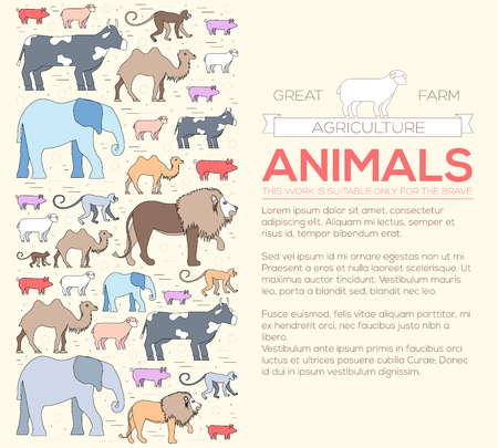 animal  concept of lion, monkey, monkey, camel, elephant, cow, pig, sheep. Vector illustration background with ottoman motif  traditional background . Thin lines outline flat style designのイラスト素材