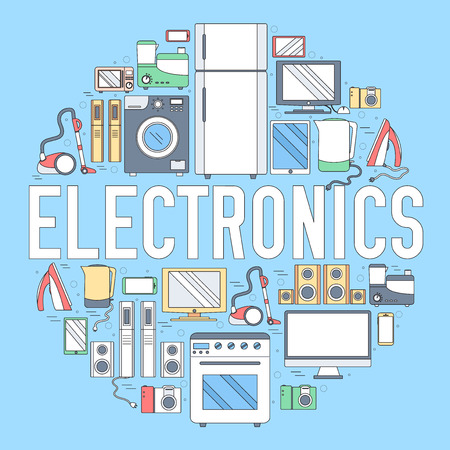 Home electronics appliances circle infographics template concept. Icons design for your product or design, web and mobile applications. Vector flat thin linesoutline illustration on blue backgroundのイラスト素材