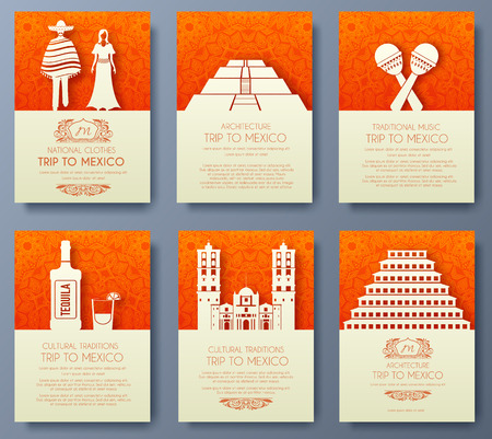 Set of Mexico country ornament illustration concept. Art traditional, poster, book, poster, abstract, ottoman motifs, element. Vector decorative ethnic greeting card or invitation design background.のイラスト素材