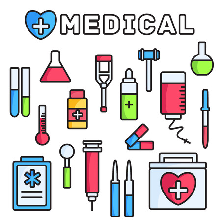 thin lines style medical equipment set icons concept background. vector illustrationのイラスト素材