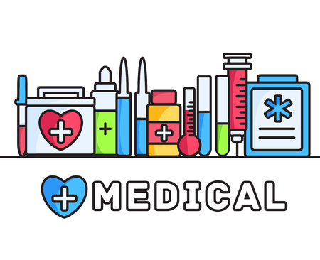 thin lines style medical equipment set icons concept background. vector illustration designのイラスト素材