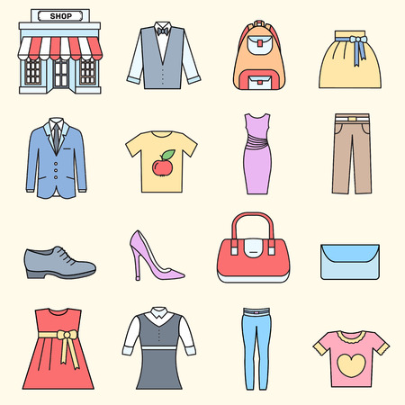 Many object purchased in the shop. Shopping circle abstract background concept. In flat thin lines outline style icons with shop label design illustration.のイラスト素材