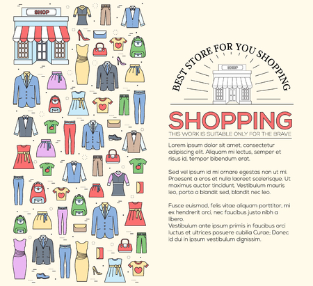 Many object purchased in the shop. Shopping circle abstract background concept. In flat thin lines outline style icons with shop label design illustration.のイラスト素材