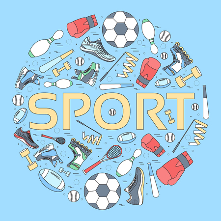 Circular concept of sports equipment background. life style tools with gym device, equipment and items. Training apparatus on a flat thin lines designのイラスト素材