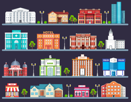 Flat colorful vector city buildings set. Icon background concept design. Architecture construction: courthouse, home, museum, skyscraper, hospital, hotel, opera, theater. Vector urban landscapeのイラスト素材