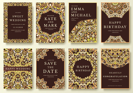 Set of luxury flyer pages with calligraphic ornament illustration concept. Vintage art traditional, Islam, arabic, indian, elements. Vector decorative retro magazine or invitation designのイラスト素材