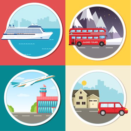 Variations transport of travel vacation tour infographic. Cruise, bus, flying on plane, car journey trip background. Flat vector illustration concepts set design.のイラスト素材