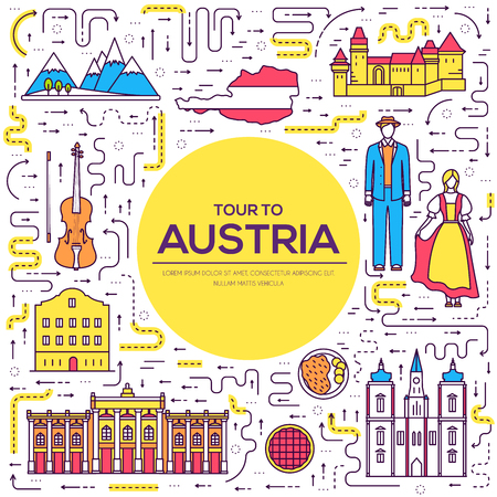 Country of Austria travel vacation guide of goods, place and feature. Set of architecture, fashion, people, item, nature background concept. Infographic traditional ethnic flat, outline, thin line icon.のイラスト素材