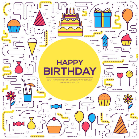 Flat happy Birthday festive background with confetti icons set. Party and celebration elements: balloons, cake, drinks, gifts. Thin lines style design.のイラスト素材
