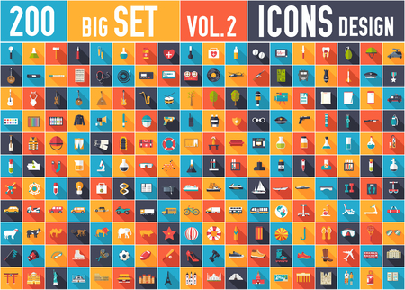 Vol. 2 Flat big collection set icons of medical, army, war, shoe, nature, news, draw, police, rafting, room, science, boat, sport, gym, car, animal, summer, tool, country. For infographic design.のイラスト素材