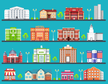 Flat colorful  city buildings set. Icon background concept design. Architecture construction: courthouse, home, museum, skyscraper, hospital, hotel, opera, theater. Vector urban landscape.のイラスト素材