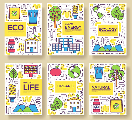 Clean energy vector brochure cards thin line set. natural resources template of flyear, magazines, posters, book cover, banners. Layout ecology outline illustrations modern pagesのイラスト素材