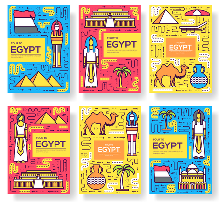 Country Egypt travel vacation guidevector brochure card thin line set. thinking the idea linear template of flyear, magazine, posters, book cover, banners. Layout research equipmen outline modern page.のイラスト素材