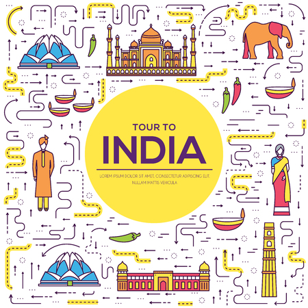Country India travel vacation guide of goods, place and feature. Set of architecture, fashion, people, item, background concept. Infographic traditional ethnic flat, outline, thin line icon.のイラスト素材