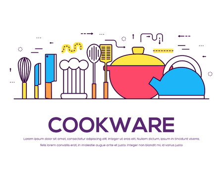 cookware kitchen table for cooking in house vector outline illustration. On flat in thin lines style design background conceptのイラスト素材