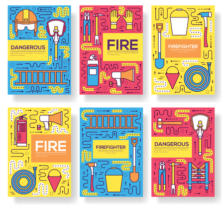 Flat firefighter uniform vector brochure cards thin line set. first help template of flyear, magazines, posters, book cover, banners. Layout  instruments outline illustrations modern pagesのイラスト素材