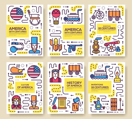 Country outline USA travel. Template set of cards flyear, magazines, posters, book cover, banners. Infographic  traditional ethnic flat, thin line icon, people, item,  background conceptのイラスト素材