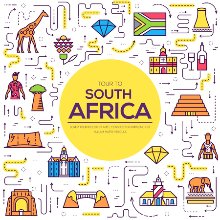 Country South Africa travel vacation of place and feature. Set of architecture, item, nature background concept. Infographic traditional ethnic flat, outline, thin line icon.のイラスト素材