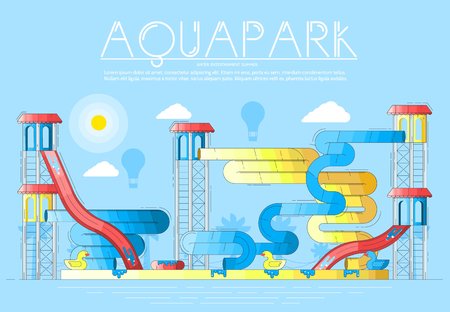 Different colored bright waterslides and garrets in aquapark. Layout modern vector background illustration design concept.のイラスト素材