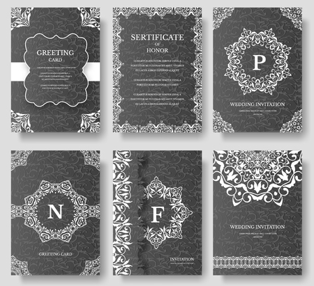Set of Luxury artistic pages with logo brochure template. Vintage art identity, floral, magazine. Traditional, Islam, arabic, indian. Decorative retro greeting card or invitation designのイラスト素材