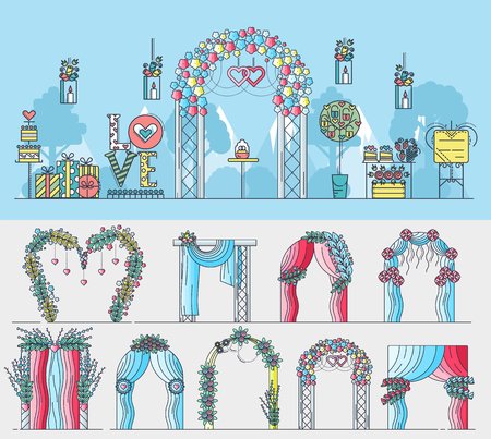 Set of chancels for wedding ceremony with different flowers and decorations. Layout modern vector background illustration design concept.のイラスト素材