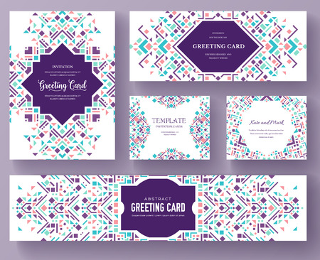 geometric abstract vector brochure cards set. ethnic style template of flyear, magazines, poster, book cover, banners. Active lifestyle invitation concept background. Layout illustration modern page.のイラスト素材