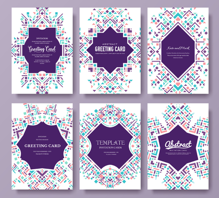 geometric abstract vector brochure cards set. ethnic style template of flyear, magazines, poster, book cover, banners. Active lifestyle invitation concept background. Layout illustration modern page.のイラスト素材