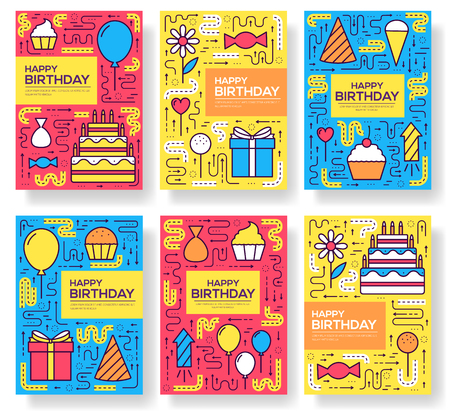 happy birthday set infographics template concept. Icons for your product or design, web and mobile applications. Vector flat with long shadow illustration on blue background.のイラスト素材