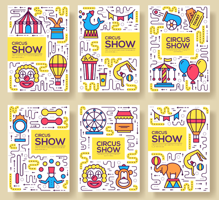 Premium quality circus outline icons infographic set. Festival linear symbol pack. Modern show template of thin line, logo, symbols, pictogram and flat illustrations vector concept banners.のイラスト素材