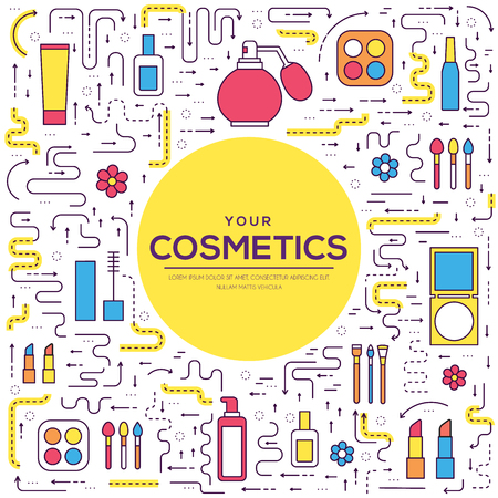 Thin line makeup tools modern illustration concept. Infographic cosmetic equipment for beauty. Icons on isolated white background. Flat vector template design for web and mobile applicationのイラスト素材